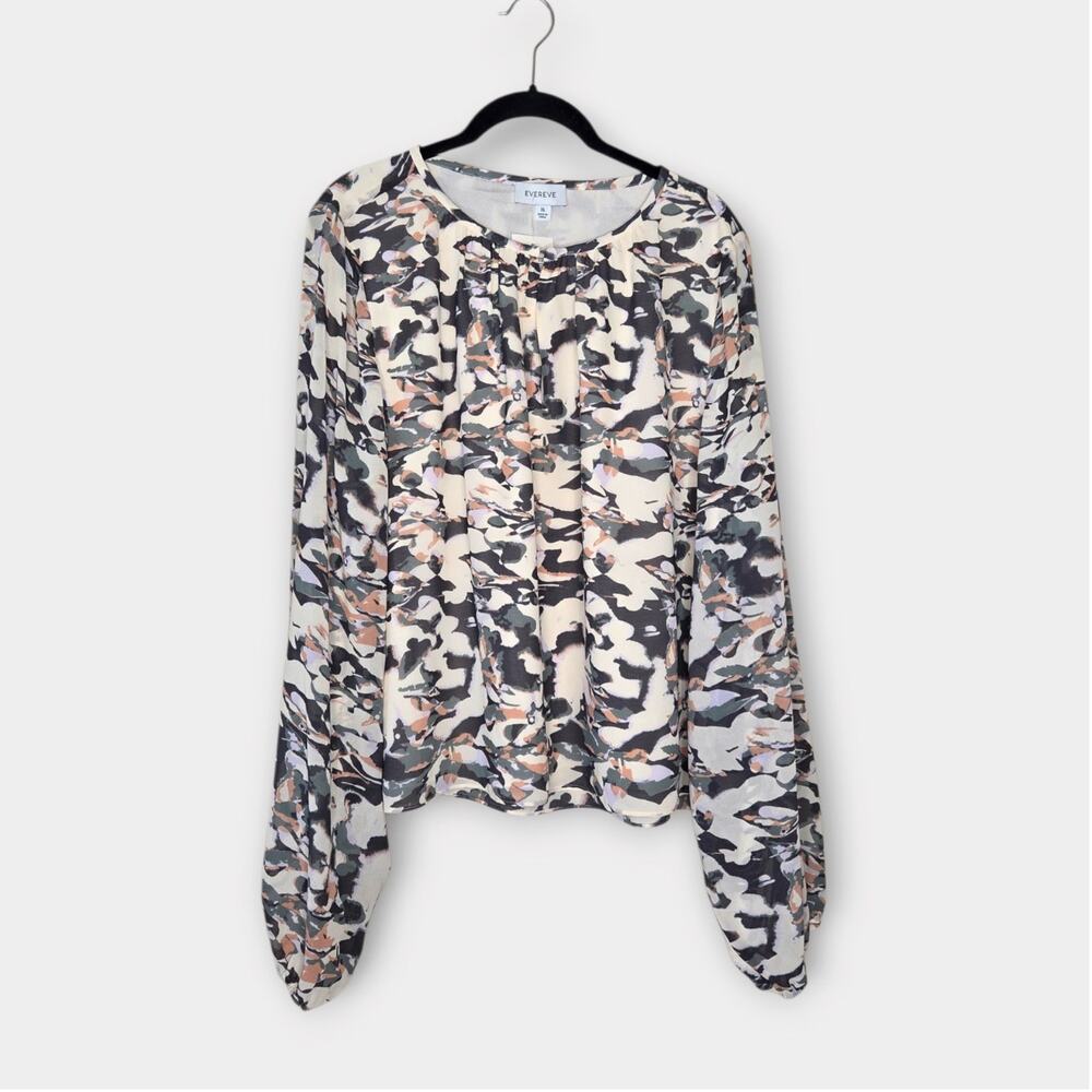 NEW EVEREVE Hazel Floral Print Long Sleeve Blouse Pleated Cream Women's XL